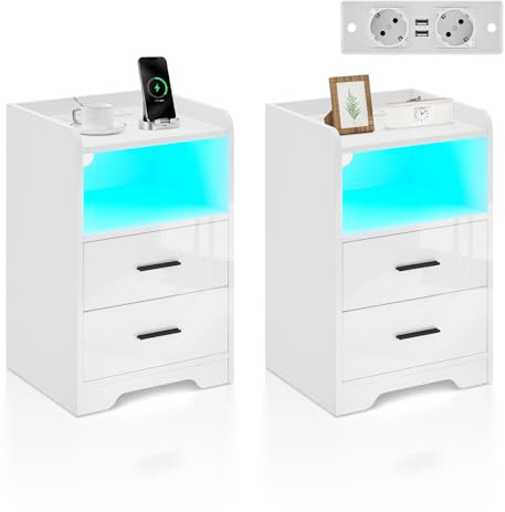 TUKAILAI Nachttisch mit Ladefunktion LED,Nachttisch 2er Set, Nightstand Holz Beistelltisch mit 2 Schublade, Nachtschrank für Schlafzimmer Modern Kommode Hochglanz Weiß 40 * 35 * 65 cm