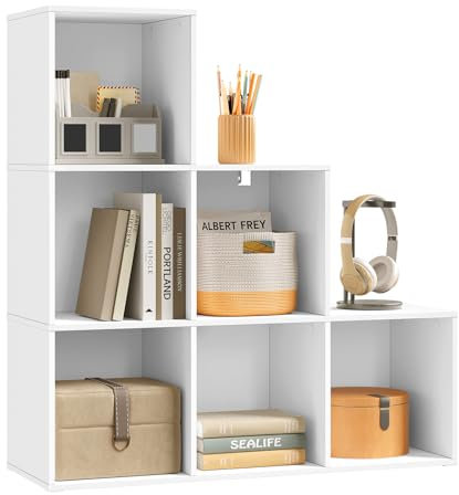 WOLTU Bücherregal mit 6 Fächern, Würfelregal Treppenregal Stufenregal Standregal, für Wohnzimmer Schlafzimmer Kinderzimmer Büro, weiß, 90,5x90,5x30 cm, SK061ws