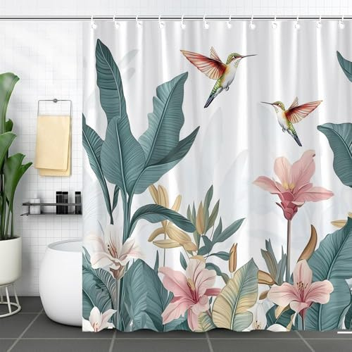 Tropical Plant Hummingbirds Shower Curtain Green Palm Leaves Pink Lilies Flowers Birds Summer Jungle Botanical Nature Landscape Polyester Fabric Bathroom Curtain with Hooks 70X70Inch