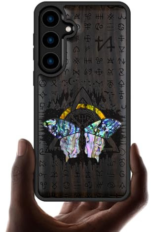 Carveit Designer Wooden Case for Samsung Galaxy S24 Plus Case [Wood Engraving & Shell Inlay] Compatible with Wireless Chargers S24 Plus (Celtic Butterfly-Blackwood)