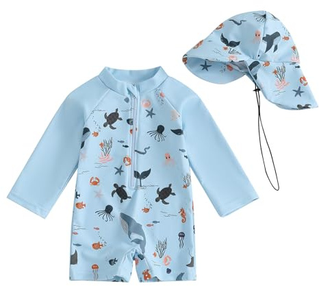 XIXIMAON Toddler Boy One Piece Swimsuit Marine Animal Print Half Zipper Long Sleeve Bathing Suit Kids Rash Guard Newborn Baby Boy Swimwear with Hat (Sky Blue, 6-12 Months)