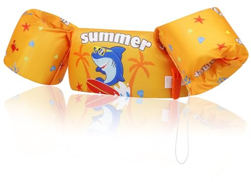 MoKo Gilet de Natation Enfant, Brassards de Natation Enfant Ceinture Réglable Gilet de Flottaison à Dessin Animé Flottant Mignon, Dispositif de Flottaison pour Garçons Filles, 20-50 lbs, Requin Jaune