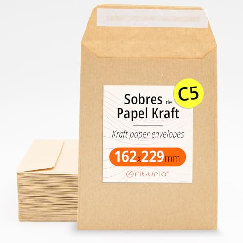 Kraftpapier-Umschläge, Umschläge für Dokumente, Geschenke, Hochzeitseinladungen und Versand, Robuste und Vielseitige Papiertüten für alle Gelegenheiten, Größe C5 - Ofituria (162x229, 100 Stück)