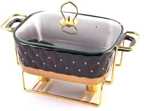 Runde Chafing Dish Buffet Set, underglaze Buffet Beetle Made of Ceramic with a Glass lid and Fuel Container, Food Warmer for Weddings/bankette(Black,13inch)