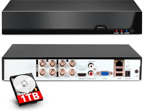 8 Channel CCTV Camera Systems with 1 TB HDD, 8 Ch 5MP H.265+ Surveillance DVR Recorder for Analog XVI AHD TVI CVBS CVI IP Cameras, DVR for Security Home Surveillance System, Mobile APP
