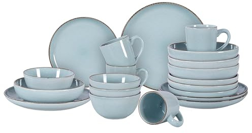 20-Piece Dinnerware Set, Nordic Ceramic Plates and Bowls Sets for 4, Raised Rim Tableware Collection, Shiny Light Blue Speckled Serveware for Daily Use, Microwave & Dishwasher Safe