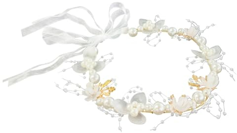 Haarkranz Kommunion Mädchen, Blumenkranz Haare Kinder Weiß, mit Perlen, Haarschmuck Kommunion Mädchen Blumenkranz, Haarschmuck für Hochzeit, Festival, Party