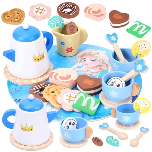WIKITOT Wooden Tea Set for Toddlers, 21Pcs Princess Toys for Girls Aged 3+ | Dreamy Blue Princess Themed Full Tea & Dessert Accessories Ideal for Kids Pretend Play Birthday Christmas Gifts