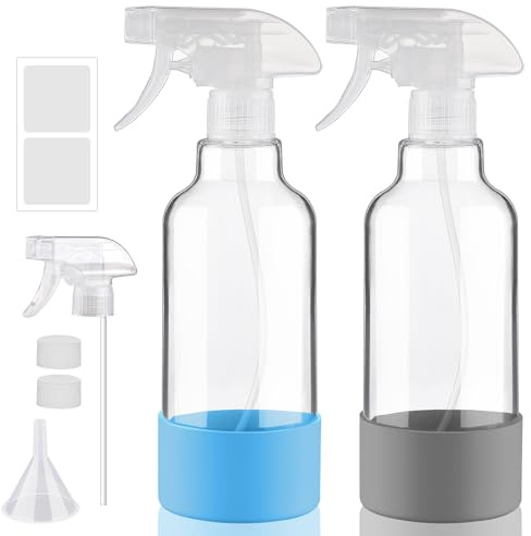 Ronyes Lifescience Glass Spray Bottles with Silicone Sleeve, 2 Pack 16.9oz Refillable Containers with Adjustable Spray Nozzles, Empty Spray Bottle for Cleaning Solutions, Hair, Plants (Blue+Grey)