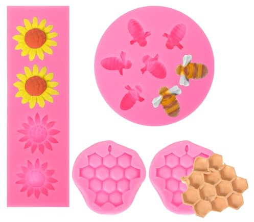 Mabor 4 stampi in silicone a forma di bombo, a nido d'ape, girasole e ape, kit di stampi per fondente a forma di alveare fai da te, cioccolato, caramelle, biscotti, dessert, decorazione per casa delle