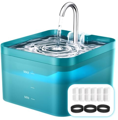 PawPoll Fontaine a Eau Chat, 2,2L Fontaine à Eau pour Chat, Super Silencieuse, Facile à Mettoyer, Fontaine a Eau avec LED, Convient à Plusieurs Animaux de Compagnie (Vert-2.2L-6 Filtres +3 Éponges)