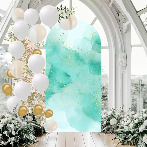 7.2 Ft Wedding Arch Backdrop Cover Pastel Cyan Mint Liquid Marble Watercolor Gold Lines Brush Stains Teal Double Sided Spandex Fitted Arch Covers Stretchy Backdrop for Birthday Party, Baby Shower