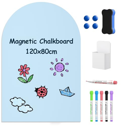 Magnetic Wall Decal, 120x80cm Reusable Arched Magnetic Wall Stickers, for Boys and Girls to Draw and Write, with 5 Chalk & Chalk Holder & 4 Magnetic Snap Fastener & Chalkboard Eraser (Blue)