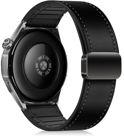 PaceBid 22mm Leder Armband für Huawei Watch GT 6/GT6 Pro 46mm/GT5/5 Pro/GT4/GT3/GT2/3 Pro (46mm), Leder + Weiches Silikon Magnetisch Ersatzarmband für Huawei Watch 5/4/Watch4 Pro 48mm - Schwarz