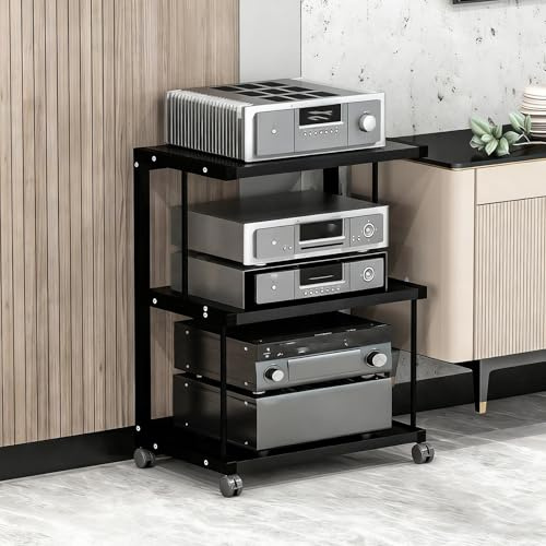 Höjdjusterbart Ljudställ, 3/4-Vånings Mediaställ med Låsbara Hjul, Kraftig Stålram och Trähyllor för Stereo, Vinylskivor, AV-Komponenter(A,3-tier)