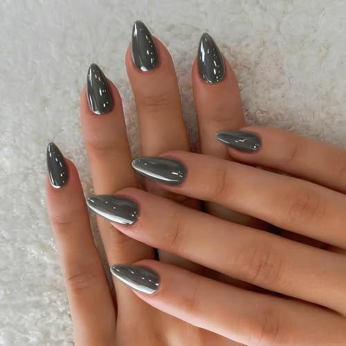 KQueenest Chrome Dark Black Press on Nails Short Almond, Glazed Cute False Nails with Sparkle Mirror Design, Shiny Glitter Fake Nails Stiletto, Artificial Nail Press ons for Fingernail 30 Pcs