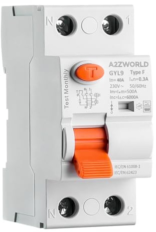Interruttore Differenziale Puro Salvavita Tipo F 40A, RCCB Classe F 1P+N 6kA 300mA 0.3A, 2 Moduli DIN, Ottimo per Inverter Monofase,Climatizzatori,Lavatrici,Pompe