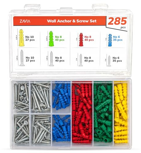 ZAVIA 285 Pcs Wall Plugs and Screws | Assorted 142 Anchors Plugs + 143 Metal Screws (No.6, No.8, No.10) for Plasterboard, Brick, Concrete & Wood | Complete kit with Storage Case