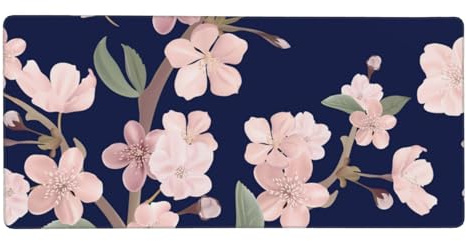 YXDVPALNE Fleurs de Cerisier Sakura Bleu Marine,Tapis de Souris Grand Format pour Ordinateur, avec Base antidérapante en Caoutchouc, 40 x 90 cm