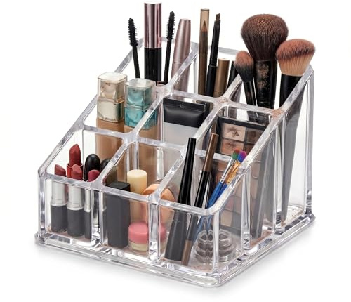 Vikk Organizador Maquillaje Acrílico Transparente para Brochas, Labiales | Cosméticos, Soporte Vertical Rectangular Alto con 9 Compartimentos, Almacenaje de Tocador, Baño, Mesa y Escritorio
