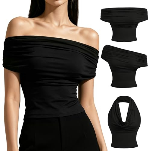 KEUOIA Halter Neck Top, 3-in-1 Off The Shoulder Tops for Women Summer Backless Going Out Top Sexy Y2K Party Cowl Neck Tops for Women (UK, Alpha, L, Regular, Regular, Black)