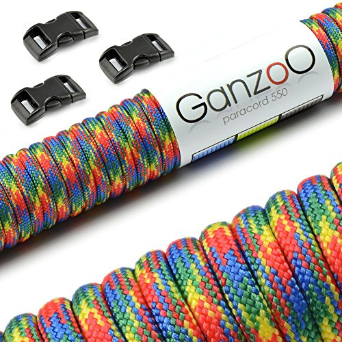 Ganzoo Set Paracord 550 Seil mit 3 x Klickverschluss 3/8“ 10mm Gurt/Schnur 4mm, Nylon - Polyester, Typ 3, 30 Meter, Outdoor-Schnur, Allzweckseil, Armband knüpfen, basteln, blau rot grün gelb