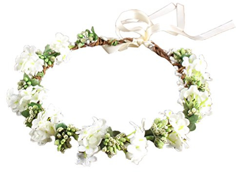 OULII Damen Blumenstirnband Blumenkrone Blumenkranz für Muttertag Hochzeit Party Strand (Weiß)
