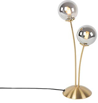 Qazqa - Landhaus I Vintage Moderne Tischlampe Gold I Messing 2-Licht mit Rauchglas - Athen I Wohnzimmer I Schlafzimmer - Länglich - LED geeignet G9
