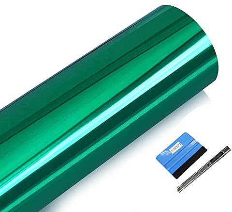 NewL glänzende Chrom-Grün Vinylfolie 30 x 150 cm,Selbstklebend | Chrom-Oberfläche, inkl. Montagewerkzeug, hohe Dehnbarkeit, außengeeignet, rückstandsfrei haftend, für Autos und Motorräder