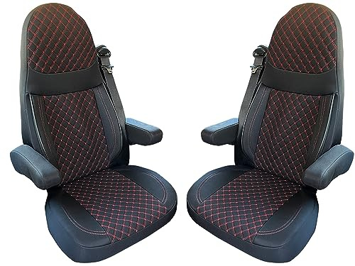 BREMER SITZBEZÜGE Maß Piloten Schonbezüge Sitzbezüge kompatibel mit Wohnmobil Camper Hymer Ducato Wohnmobil Zubehör | 2er Schonbezug Set inkl. Armlehnen-Bezüge in Schwarz/Rote Naht | GT402
