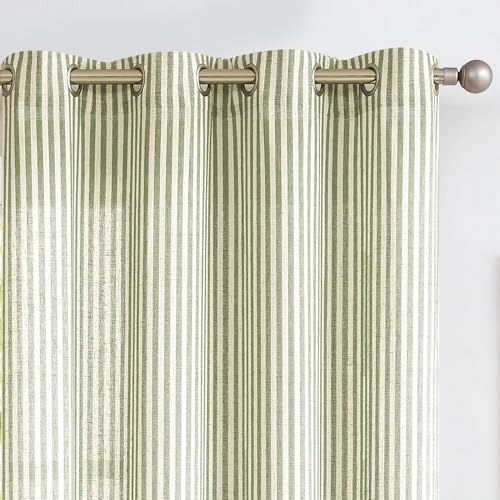 Vangao Linen Striped Curtains for Living Room Bedroom Farmhouse Tickingstripe Light Filtering Window Curtains Printed Drapes Grommet Top 2 Panels Green W50 x L96 Inch