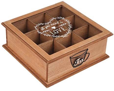 Optyuwah Wooden Tea Box Tea Bag Organizer, 9 Compartments Wood Tea Storage Box Holder with Clear Lid, Tea Chest Container Rustic Tea Organizer for Tea Bags, Coffee Pods, Instant Coffee Packets, Sugar