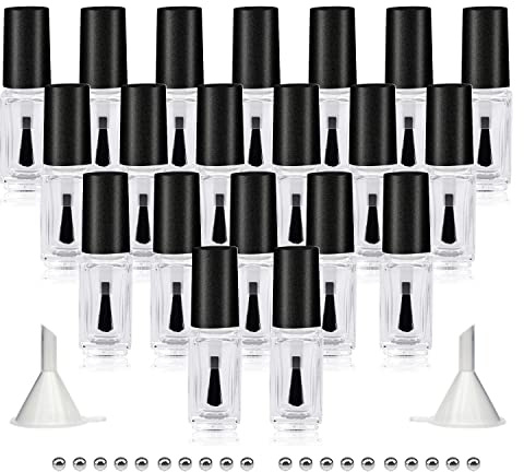 Agidea Bottiglie vuote per smalto con pennello rotondo da 5 ml, confezione da 20 contenitori per smalto in vetro vuoto ricaricabili con sfere e imbuti (nero opaco)