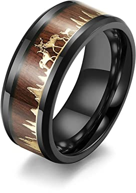 Beydodo Herren Ring Schwarz, Edelstahl Ring 9MM mit Holz Hirsche Freundschaftsring Schwarz Ring Personalisiert Gr.57 (18.1)