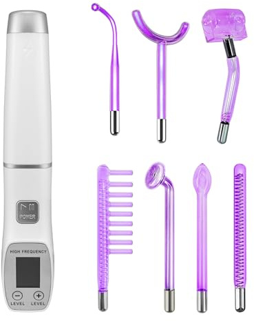 High Frequency Electrotherapy Wand with Display Multi-Functional Portable Handheld Light Therapy Wand for Acne Skin Rejuvenation Hair Growth Facial Device (White Digital Handle with 7 Tubes Purple)