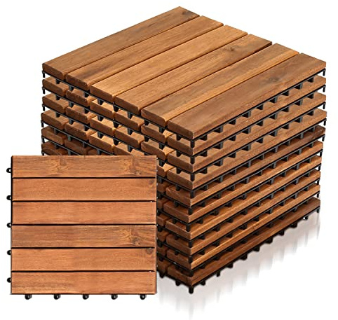 Yakimz Holzfliesen 11er| aus Akazien Holz| 30 × 30cm| 1 m² pro bodenfliesen|Outdoor & Indoor Bodenbelag Balkon mit Drainagensystem & Klicksystem, Braun