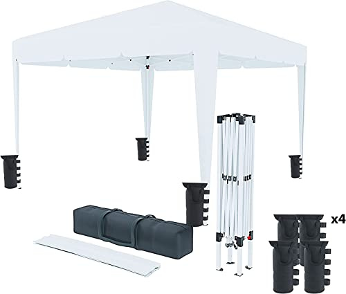 BRICOZONE Gazebo 3 x 3 M Pieghevole Idrorepellente Struttura Acciaio Copertura 160 gr/m² Con 4 Sacche Per Pesi E Sacca Di Trasporto Chiusura A Fisarmonica Da Giardino Campeggio Esterno Fiere (Bianco)