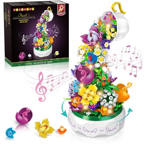 HOGOKIDS Jouet de construction, fleurs artificielles, boîte à musique avec lumière LED, collection botanique pour adultes, Saint-Valentin ou anniversaire, cadeau pour partenaire, 571 pièces