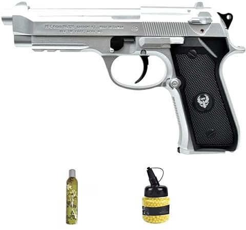 Ecommur. HFC HG 126 argento | Pistola a gas con sfera Airsoft 6 mm + bombola di Green Gas + caricatore 1000 0,12 g. (Potenza: 0,5 joule)