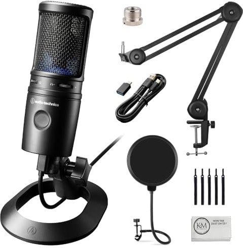 Audio-Technica AT2020USB-X Cardioid Condenser USB Microphone with Microphone Arm + Wind Screen Pop Filter + Cleaning Cloth (4 Items)