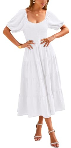 PRETTYGARDEN Vestidos de Primavera para Mujer 2024, Manga abombada, Cuello en V, Lunares suizos, Cintura Alta, Vestido de Gasa Escalonado, Vestidos Largos Fruncidos, Blanco, S