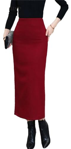Tdvcpmkk Gonna a matita in lana da donna a vita alta sexy con spacco posteriore aperto sul retro gonna lunga in lana, Rosso vinaccia, S