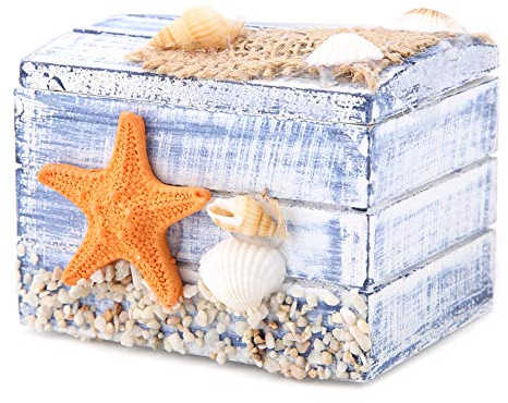 BEIJIALY Andenken-Aufbewahrungsbox aus Holz, Schatztruhe, Mediterraner Stil, Holz-Schmuckkästchen, Tragbar, Klein, Schmuck-Aufbewahrungsbox, Halter, Schmucktruhe, Organizer (Seestern)