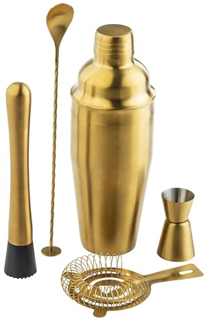 Kit de bar dorado (5 piezas) dorado 5.5 x 3.6 x 11.9 pulgadas, acero inoxidable (18-8) incluye coctelera de 3 piezas de 24 onzas, medidor (1/2 oz y 1 onza), colador de 4 puntas, mortero y cuchara de