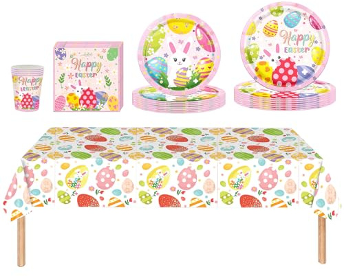 69Pcs Ostern Partygeschirr Papiergeschirr Tisch Deko, Eier Kaninchen, Servietten, Teller, Becher, 137x274cm Plastik Tischdecke, Ostern Pappteller Set für Kinder 16 Gäste heme Party Decorations