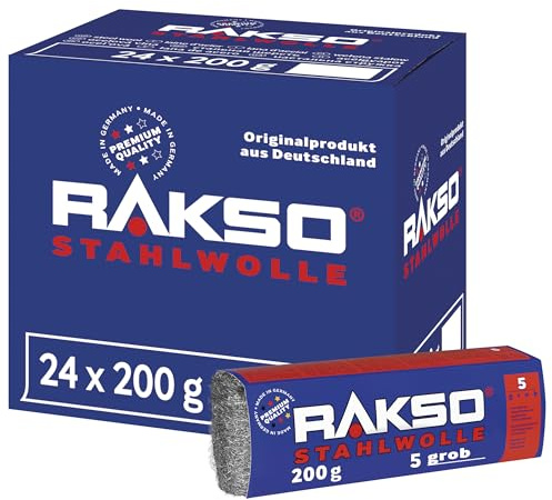 RAKSO Stahlwolle grob 5-4,8 kg, 24 Banderolen à 200g, abtragen Beizschlamm v. Holz, entfernt Farbspritzer auf Glas, Flugrost auf Werkzeugen