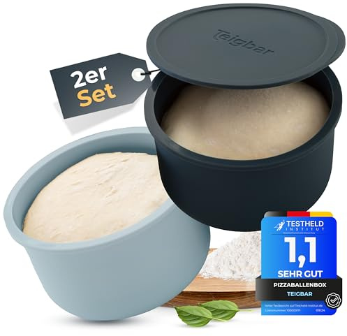Teigbar« Pizzaballenbox mit Deckel, 2er Set - platzsparende Teigbox aus löse-leichtem Silikon - bis zu 350g Pizzateig Box mit Deckel, Pizza Box - Schwarz/Grau - Ø13cm