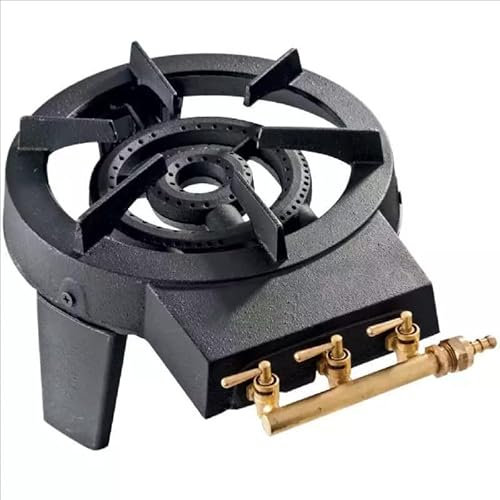 Réchaud à Gaz en Fonte Véritable 9kW Noir – 2 Brûleurs Puissants pour Grands Volumes – 3 Pieds Robustes, 3 Robinets en Laiton – Cuisson Extérieure Camping, Fête, Grosse Marmite, Alambic, Stérilisation