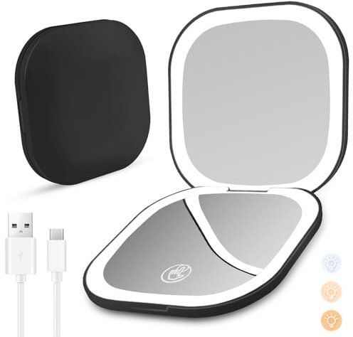 Yomaido Magnifying Compact Mirror with Light, Travel Makeup Mirror USB Rechargeable 1X/3X with 24LEDs Dimmable, Portable Folding Mirror for Handbag Pocket, Present for Women Travel Essentials - Black