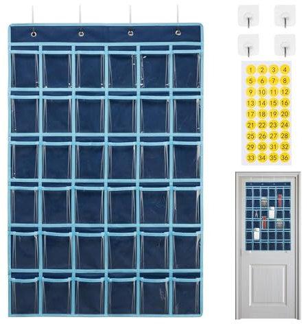 Supporto per calcolatrice – Porta cellulare da appendere alla parete alla porta, organizer da appendere per telefoni cellulari, 36 tasche, tasche per aule con ganci, numeri, adesivi per telefoni e